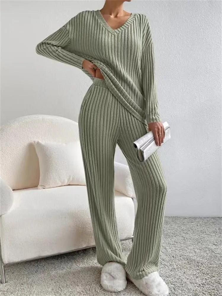 HOULENGS Women's 2 Piece Ribbed Knit Outfits Long Sleeve V Neck Pullover Sweater Wide Leg Loungewear Tracksuits