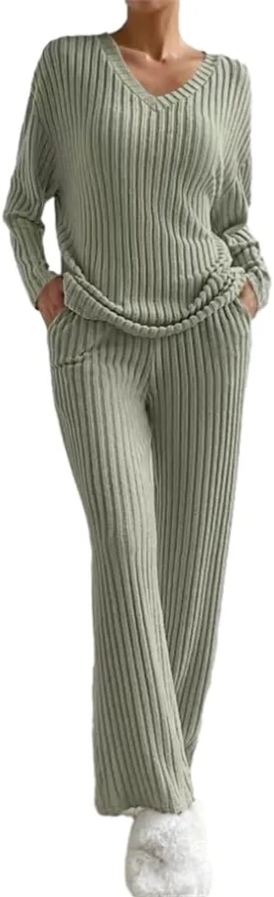 HOULENGS Women's 2 Piece Ribbed Knit Outfits Long Sleeve V Neck Pullover Sweater Wide Leg Loungewear Tracksuits