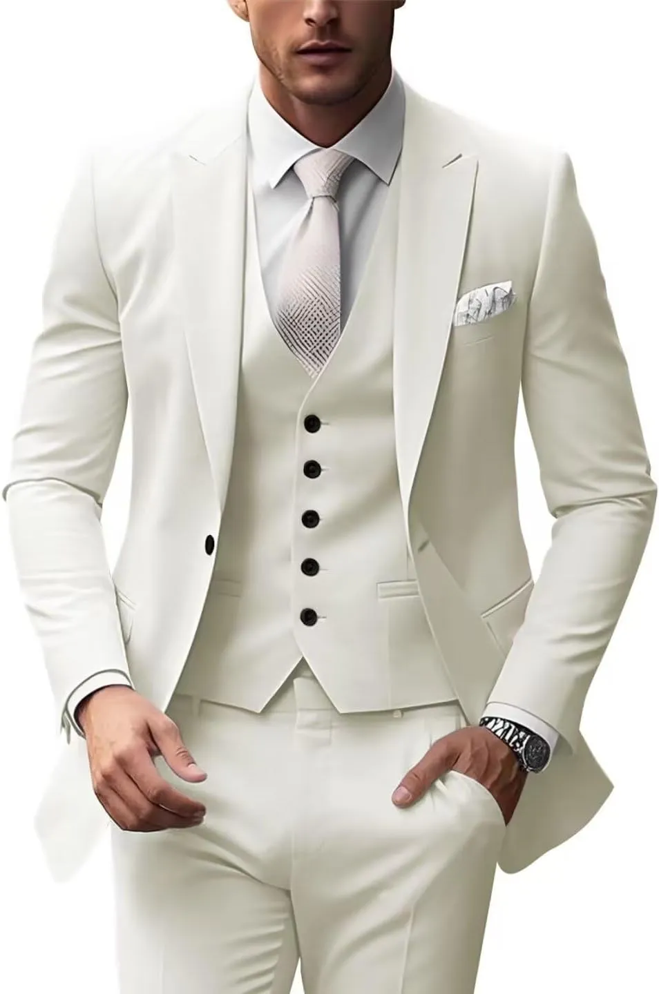 HUUTOE Mens 3 Piece Suits Slim Fit Peak Lapel One Button Blazer Wedding Business Prom Suit Jacket Vest and Pants Tuxedo Set
