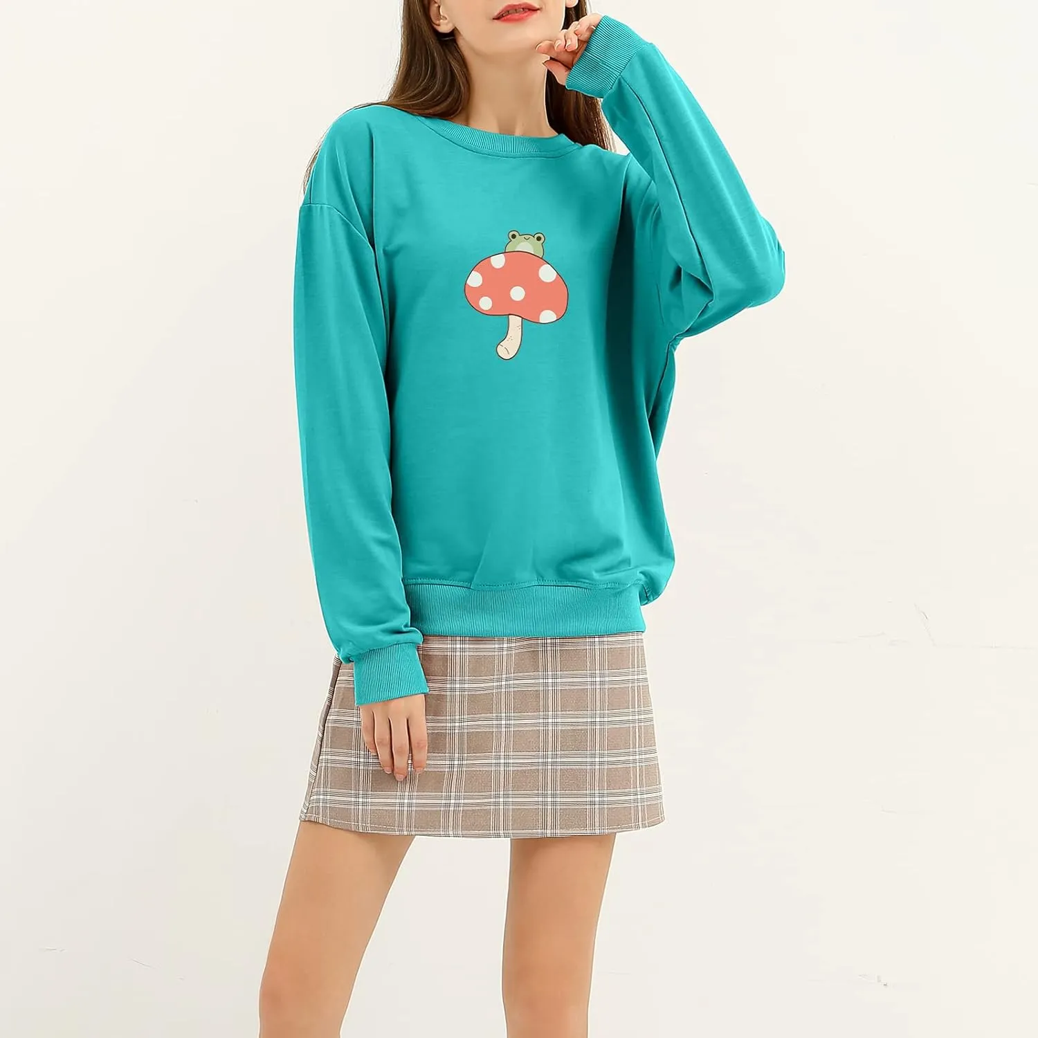 KEEVICI Cute Frog Sweatshirts for Teen Girls Kawaii Mushroom Hoodie Green Sweater Oversized Crewneck Cotton Pullover Tops