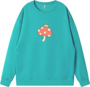 KEEVICI Cute Frog Sweatshirts for Teen Girls Kawaii Mushroom Hoodie Green Sweater Oversized Crewneck Cotton Pullover Tops