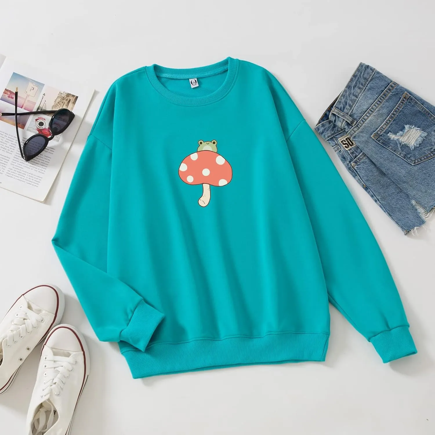 KEEVICI Cute Frog Sweatshirts for Teen Girls Kawaii Mushroom Hoodie Green Sweater Oversized Crewneck Cotton Pullover Tops