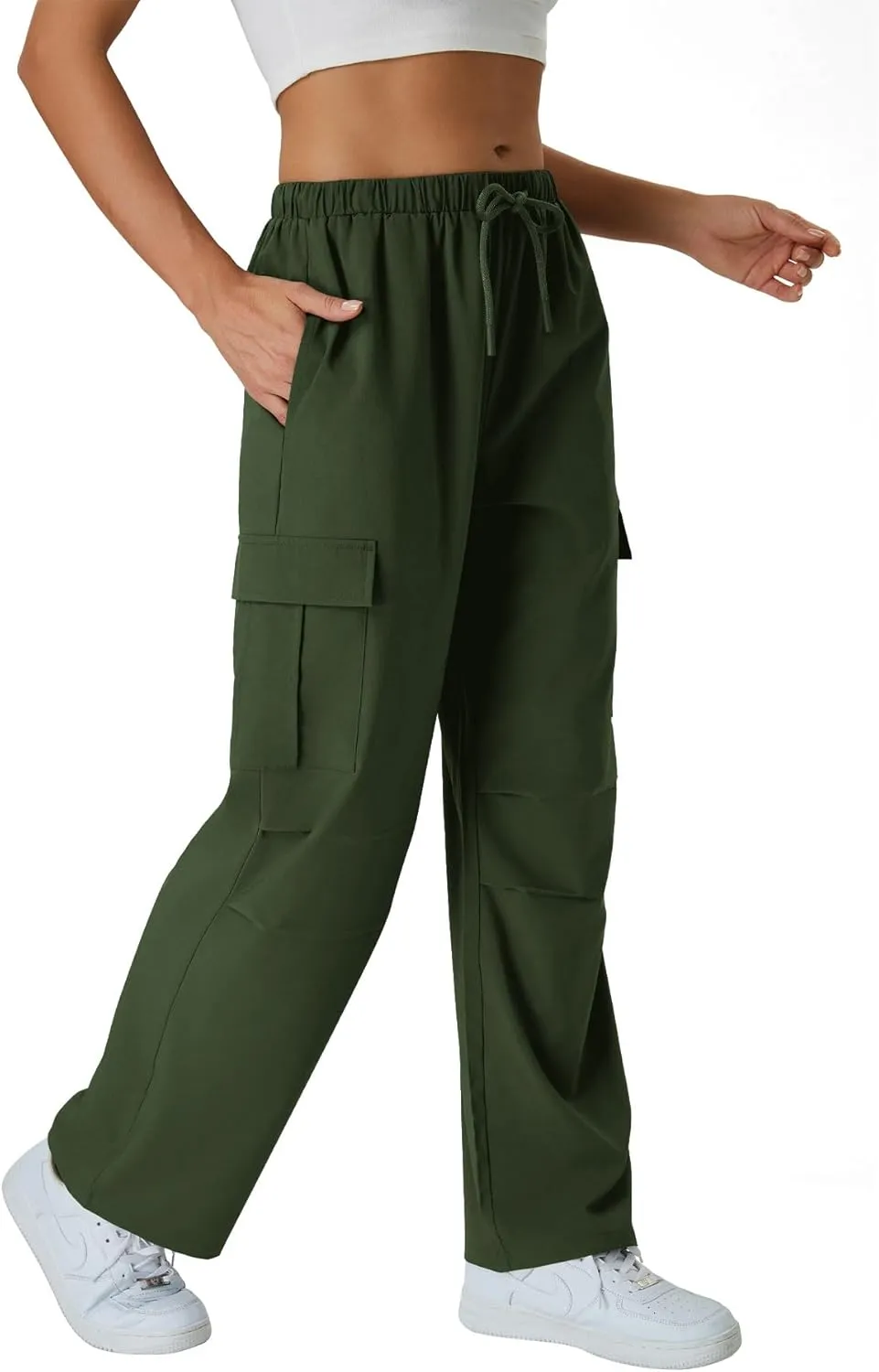 keriffe Women's Cargo Pants Quick Dry Lightweight Water-Resistant Hiking Pants Elastic High Waisted Drawstring 4 Pockets