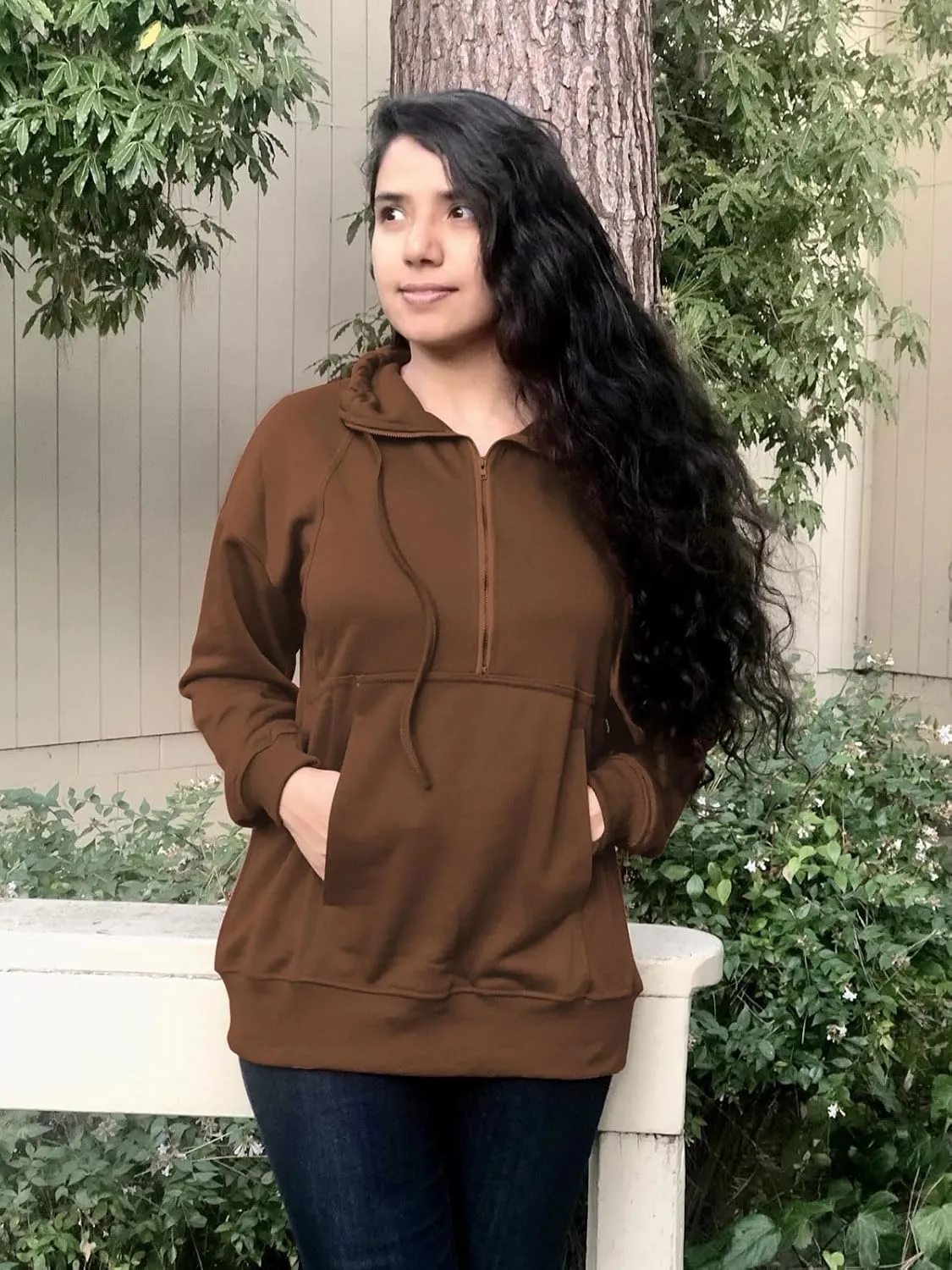 Ladmous Womens Casual Long Sleeve Half Zip Sweatshirt Lapel Drawstring Oversized Pullover Tops with PocketsS-2XL