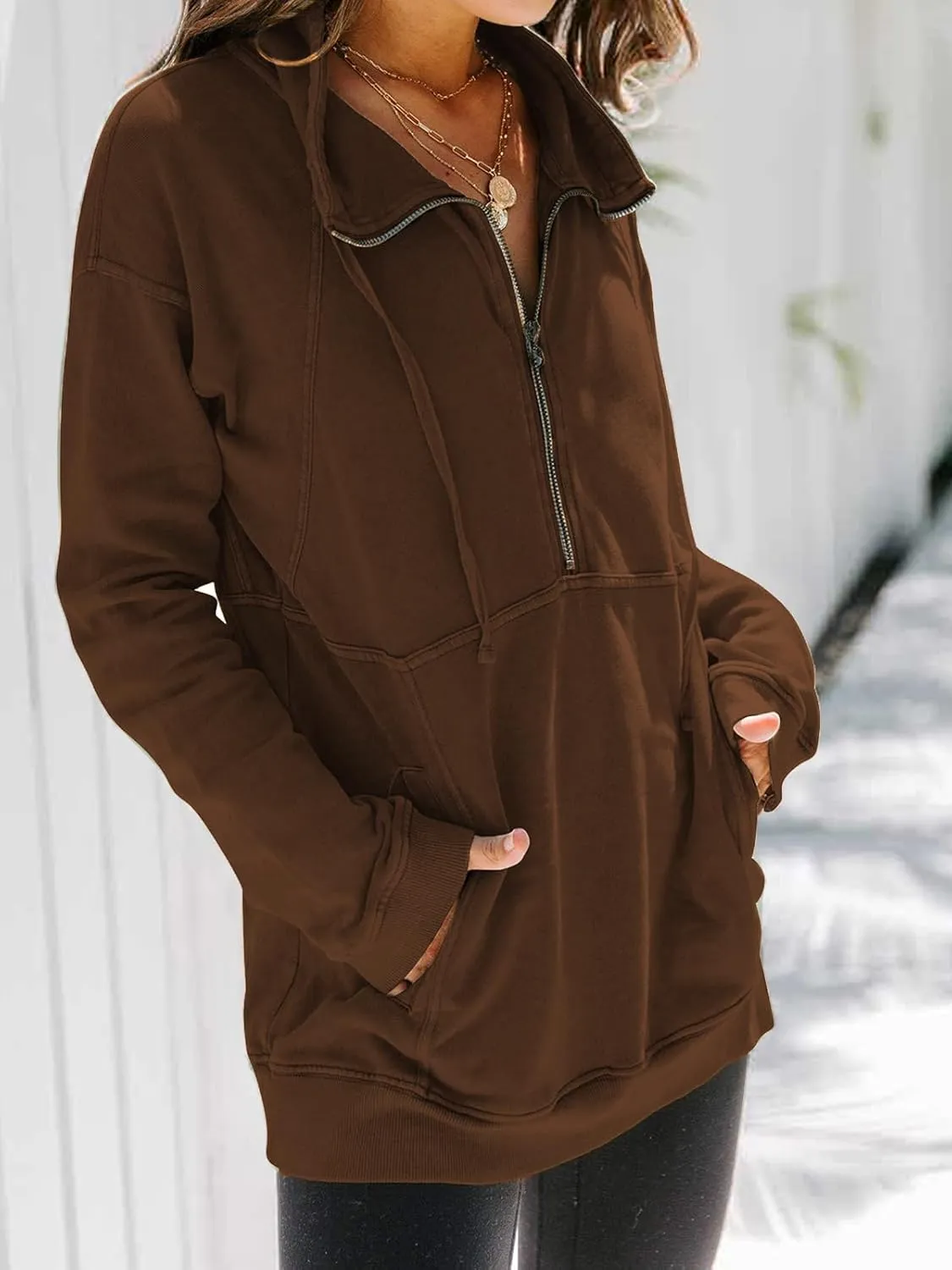 Ladmous Womens Casual Long Sleeve Half Zip Sweatshirt Lapel Drawstring Oversized Pullover Tops with PocketsS-2XL