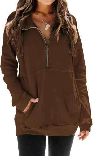 Ladmous Womens Casual Long Sleeve Half Zip Sweatshirt Lapel Drawstring Oversized Pullover Tops with PocketsS-2XL