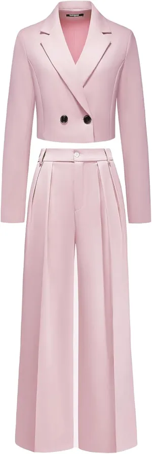 Lamgool Women's Suit 2 Piece Casual Outfits Cropped Blazer High Waisted Wide Leg Pants for Work