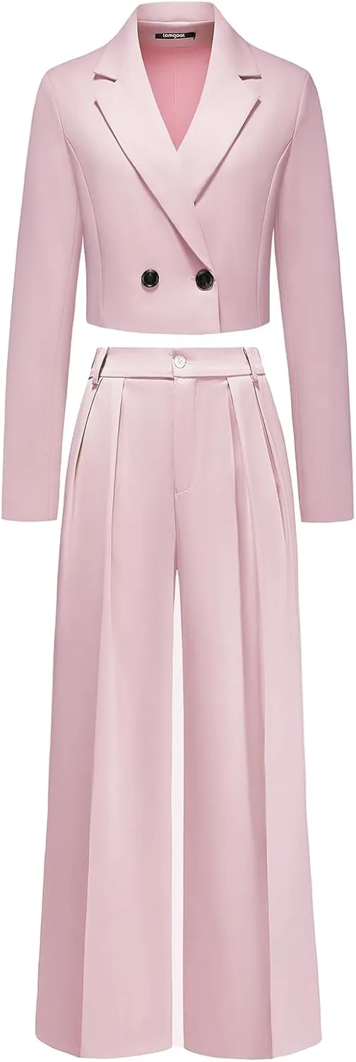 Lamgool Women's Suit 2 Piece Casual Outfits Cropped Blazer High Waisted Wide Leg Pants for Work