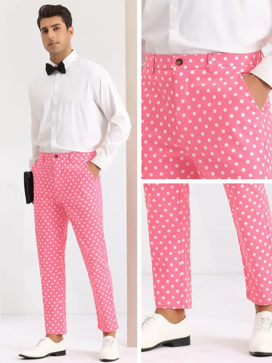 Lars Amadeus Polka Dots Dress Pants for Men's Flat Front Business Wedding Retro Trousers