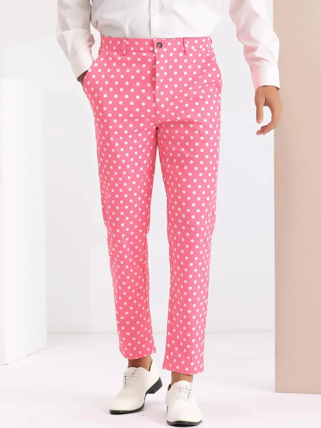 Lars Amadeus Polka Dots Dress Pants for Men's Flat Front Business Wedding Retro Trousers