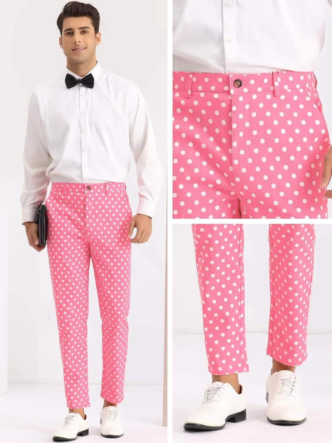 Lars Amadeus Polka Dots Dress Pants for Men's Flat Front Business Wedding Retro Trousers