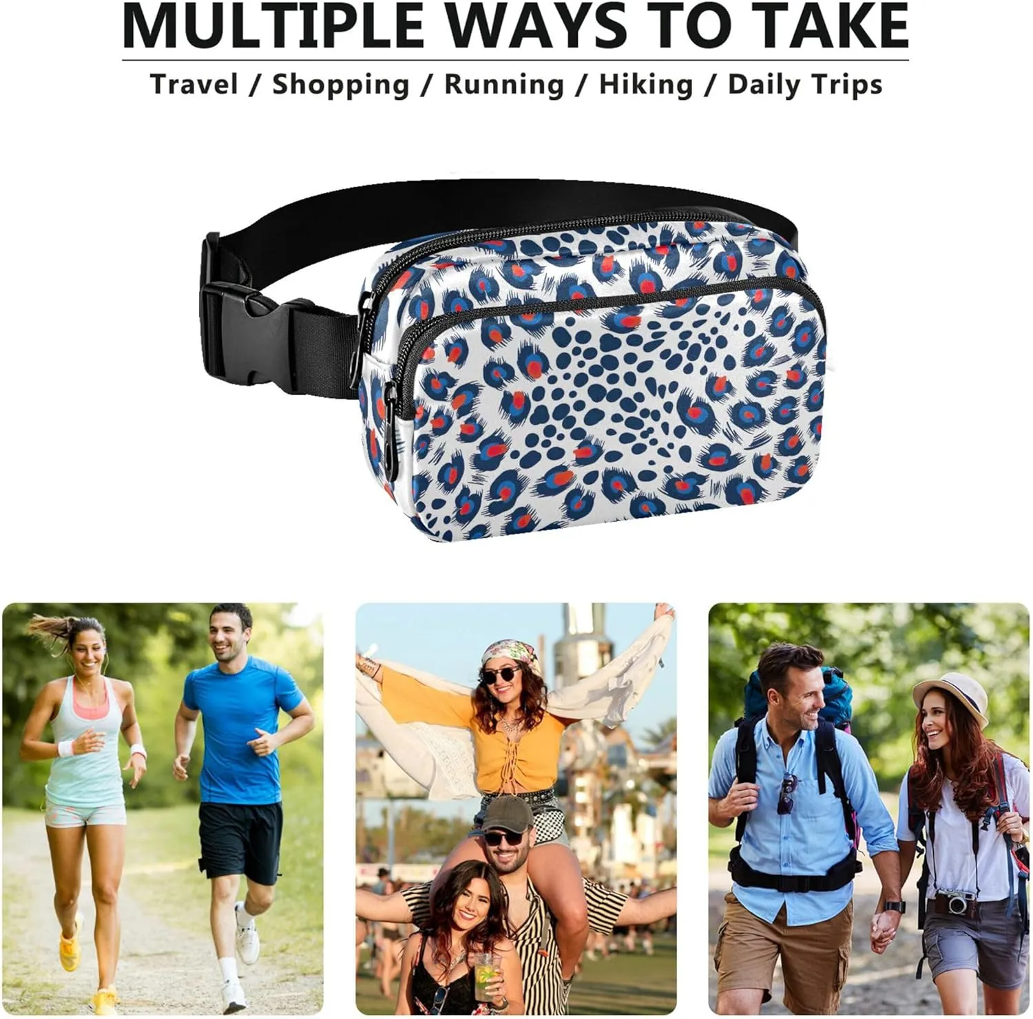 Leopard Skin Feather Women Fanny Packs Bright Anti Theft Belt Bag Waterproof Crossbody Waist Purse