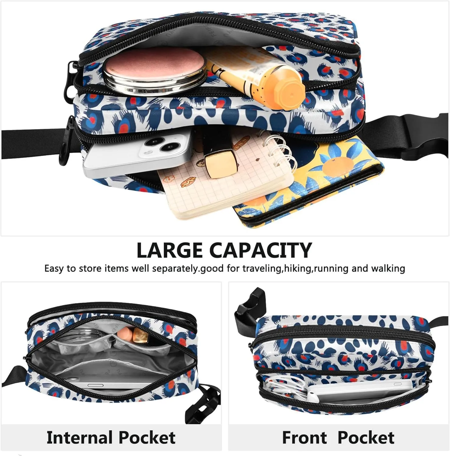 Leopard Skin Feather Women Fanny Packs Bright Anti Theft Belt Bag Waterproof Crossbody Waist Purse
