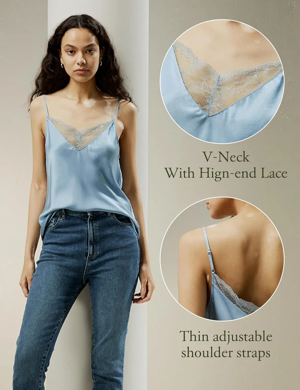 LilySilk Pure Silk Lace Camisole for Women 100% Silk Lingerie Base Layer Adjustable 2-in-1 Summer Tank Tops Ladies