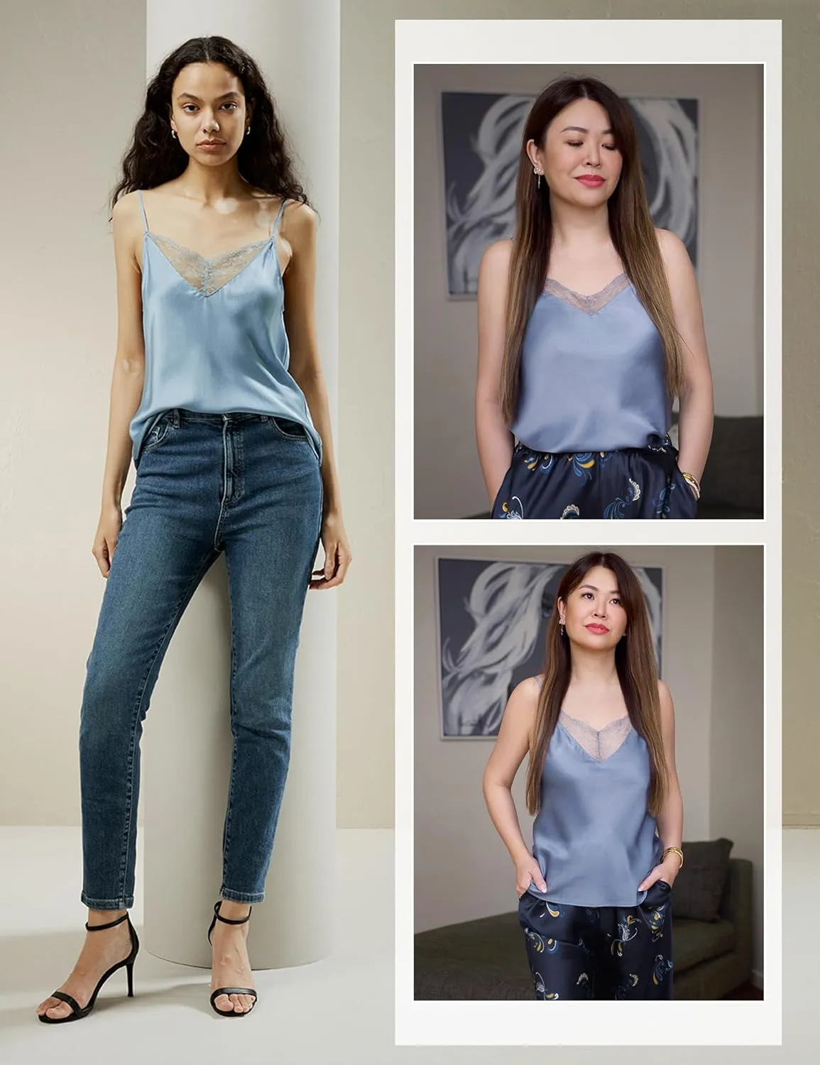 LilySilk Pure Silk Lace Camisole for Women 100% Silk Lingerie Base Layer Adjustable 2-in-1 Summer Tank Tops Ladies