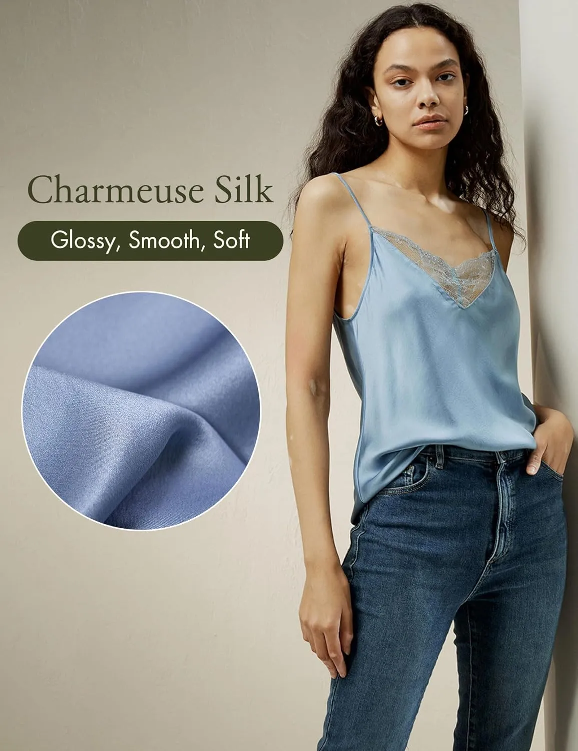 LilySilk Pure Silk Lace Camisole for Women 100% Silk Lingerie Base Layer Adjustable 2-in-1 Summer Tank Tops Ladies