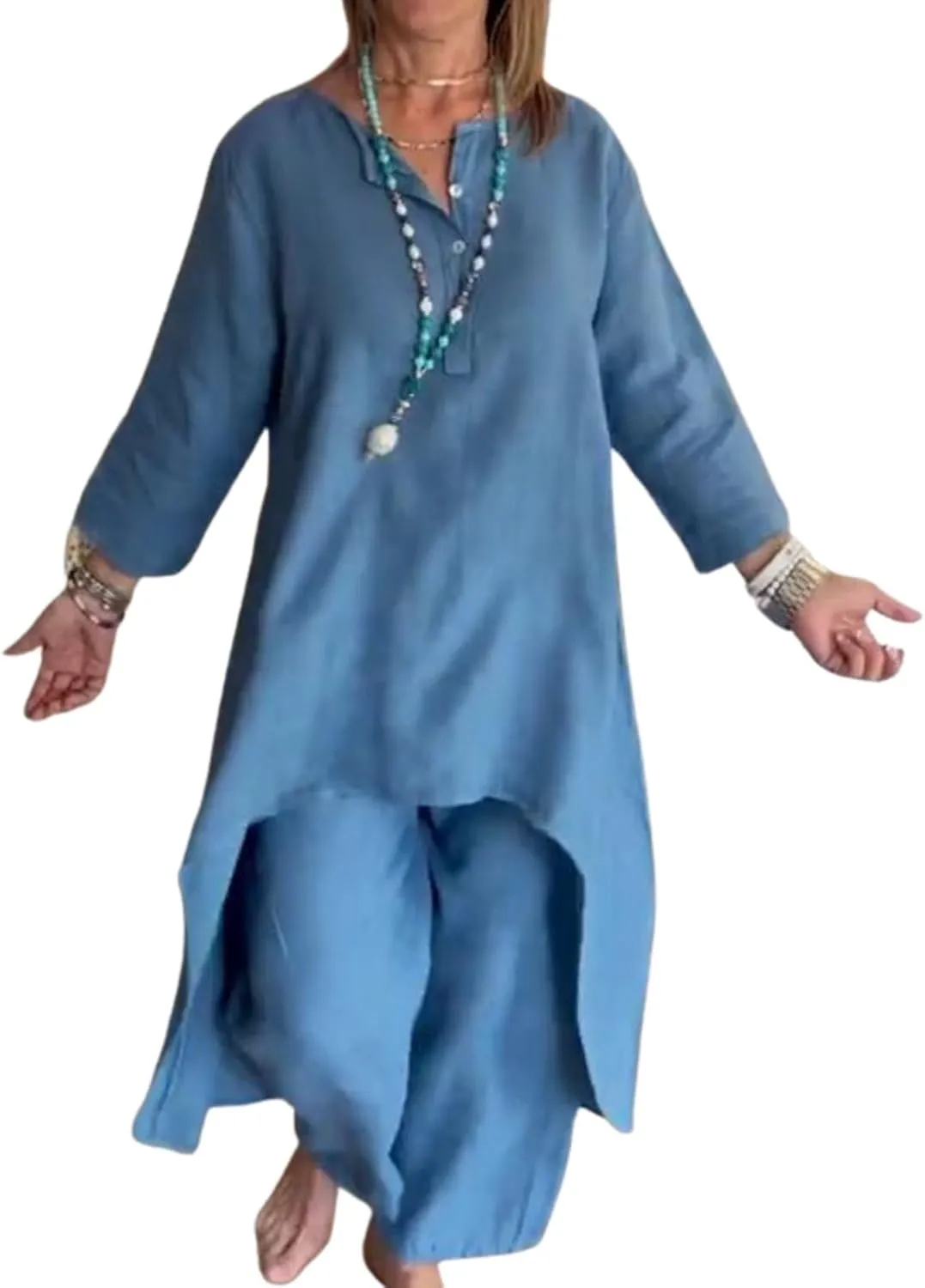 Linen Outfits for Women Two Piece Linen Sets Linen Pant Suits Casual 3/4 Sleeve Maxi Dress Wide Leg Linen Pants Sets