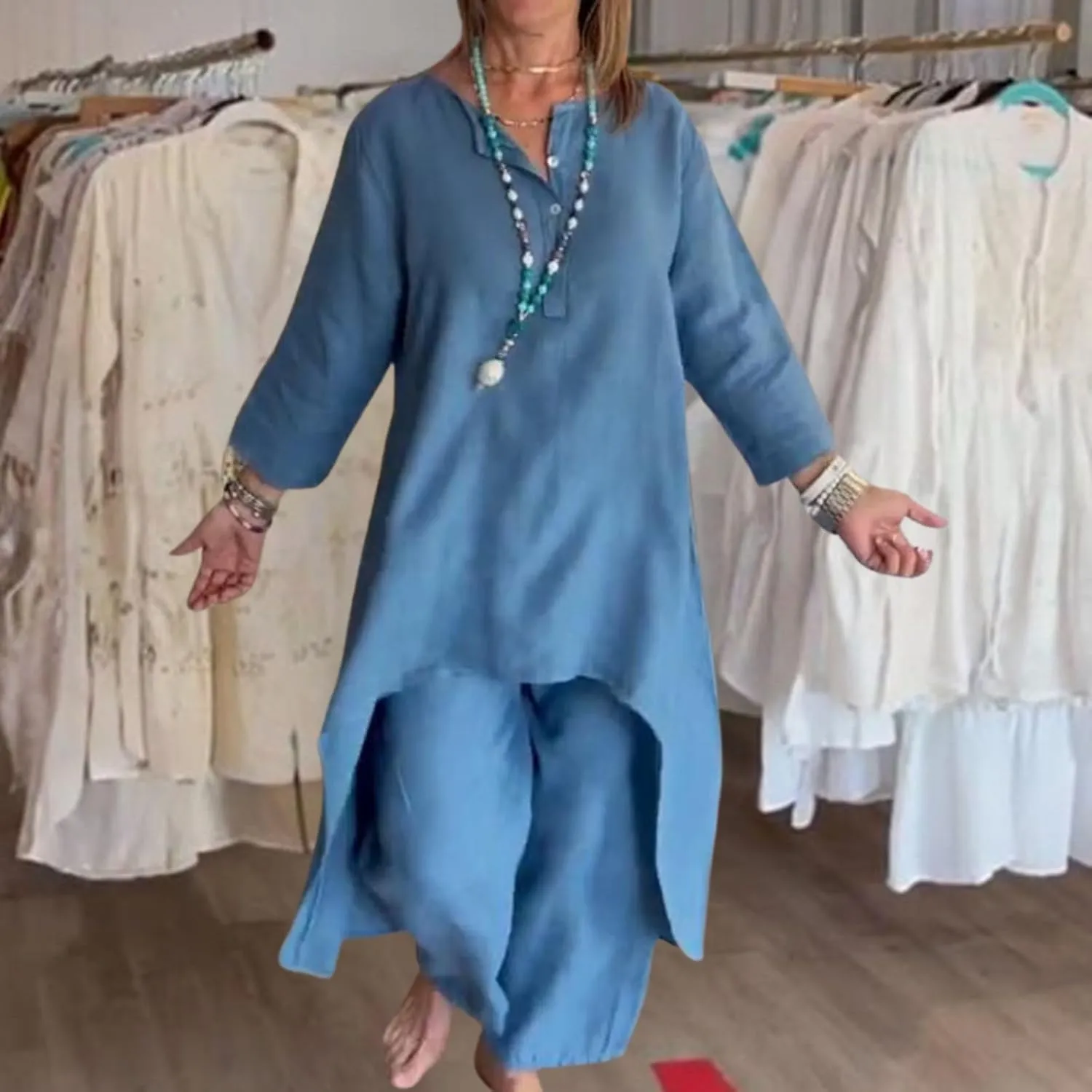 Linen Outfits for Women Two Piece Linen Sets Linen Pant Suits Casual 3/4 Sleeve Maxi Dress Wide Leg Linen Pants Sets