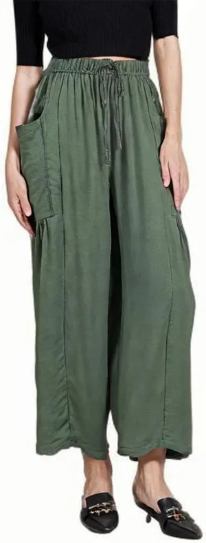 Linen Pants for Women Drawstring Elastic Waist Palazzo Harem Pants Ladies Casual Wide Leg Trousers with Side Pockets