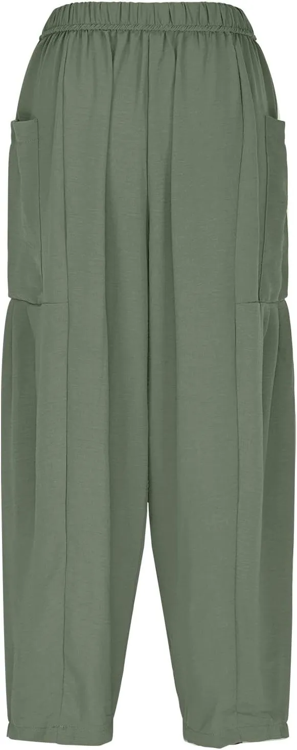Linen Pants for Women Drawstring Elastic Waist Palazzo Harem Pants Ladies Casual Wide Leg Trousers with Side Pockets