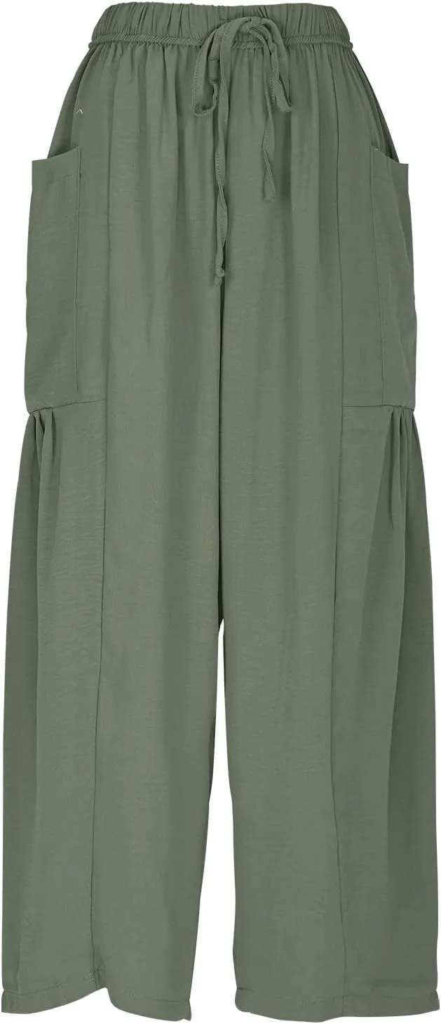 Linen Pants for Women Drawstring Elastic Waist Palazzo Harem Pants Ladies Casual Wide Leg Trousers with Side Pockets