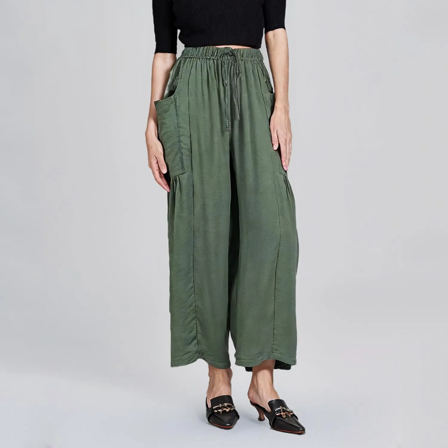 Linen Pants for Women Drawstring Elastic Waist Palazzo Harem Pants Ladies Casual Wide Leg Trousers with Side Pockets