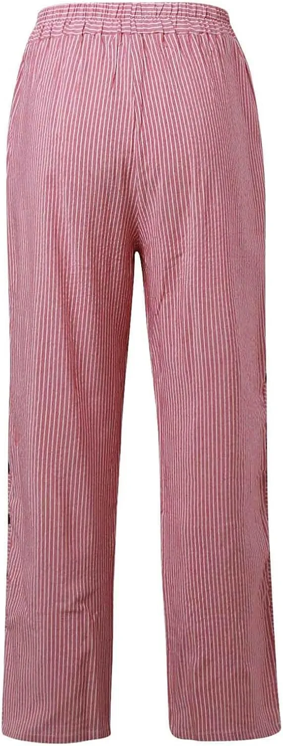 Linen Pants Women Elastic High Waist Nine Point Pants Comfy Straight Leg Casual Solid Color Striped Trousers with Pockets