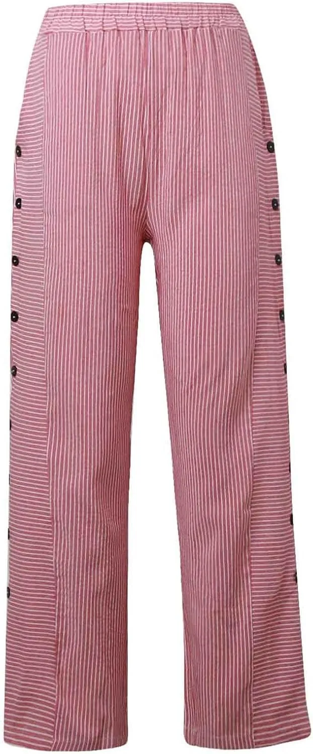 Linen Pants Women Elastic High Waist Nine Point Pants Comfy Straight Leg Casual Solid Color Striped Trousers with Pockets