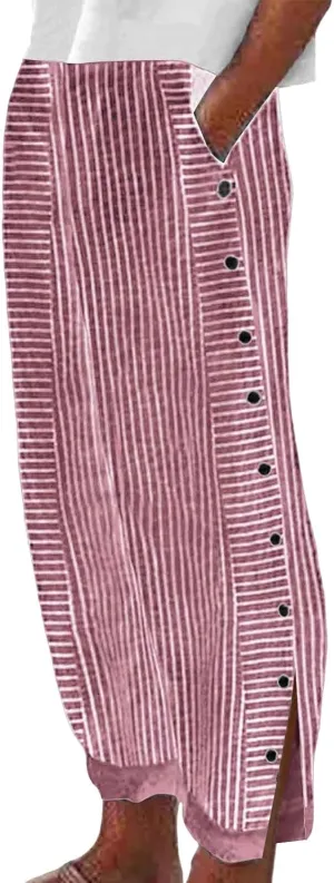 Linen Pants Women Elastic High Waist Nine Point Pants Comfy Straight Leg Casual Solid Color Striped Trousers with Pockets