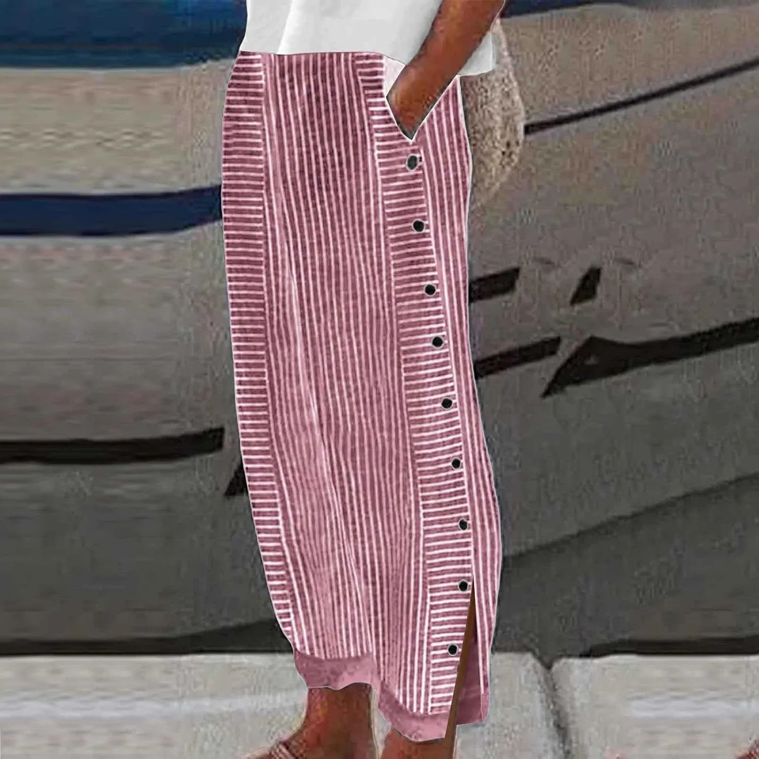 Linen Pants Women Elastic High Waist Nine Point Pants Comfy Straight Leg Casual Solid Color Striped Trousers with Pockets
