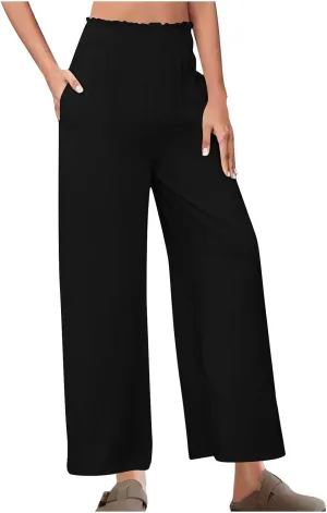 Linen Pants Women Trendy Ruffle Elastic High Wasit Palazzo Pants Dressy Casual Summer Wide Leg Trousers with Pockets