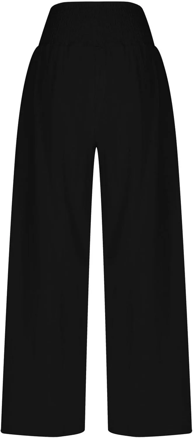 Linen Pants Women Trendy Ruffle Elastic High Wasit Palazzo Pants Dressy Casual Summer Wide Leg Trousers with Pockets