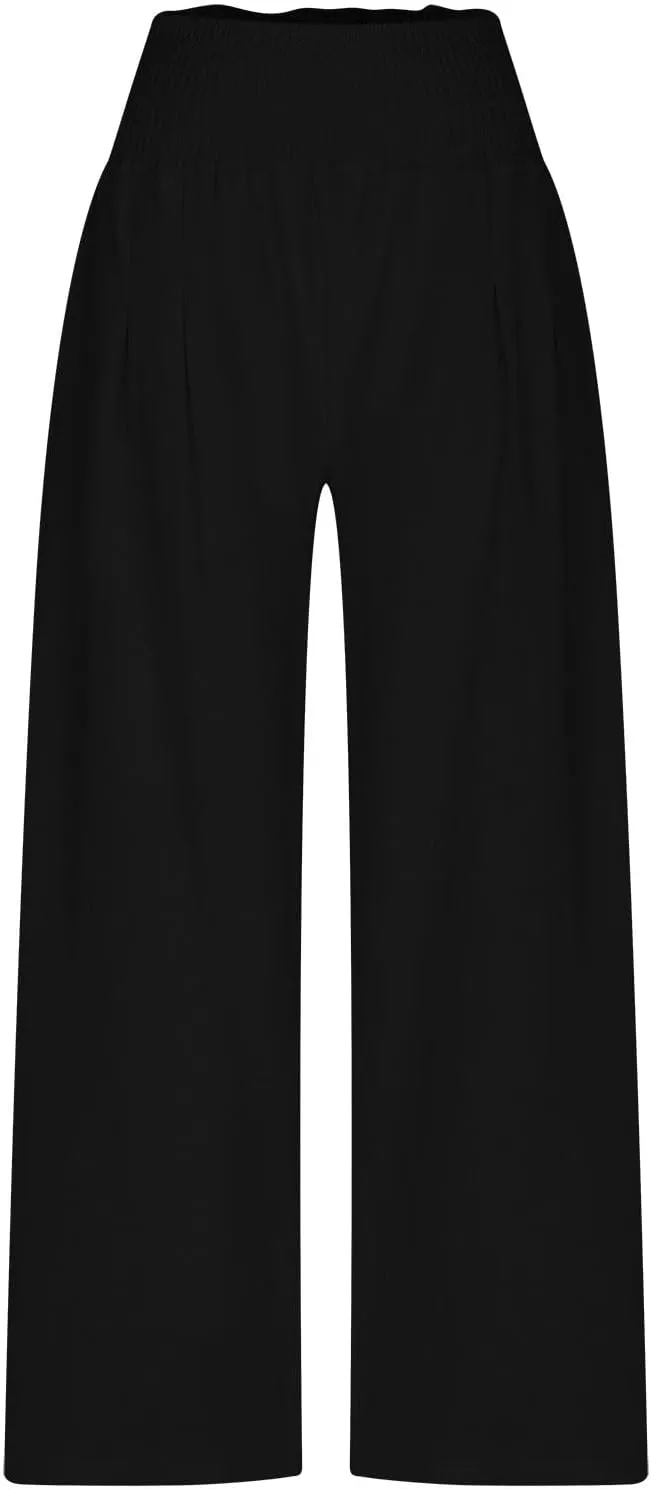 Linen Pants Women Trendy Ruffle Elastic High Wasit Palazzo Pants Dressy Casual Summer Wide Leg Trousers with Pockets