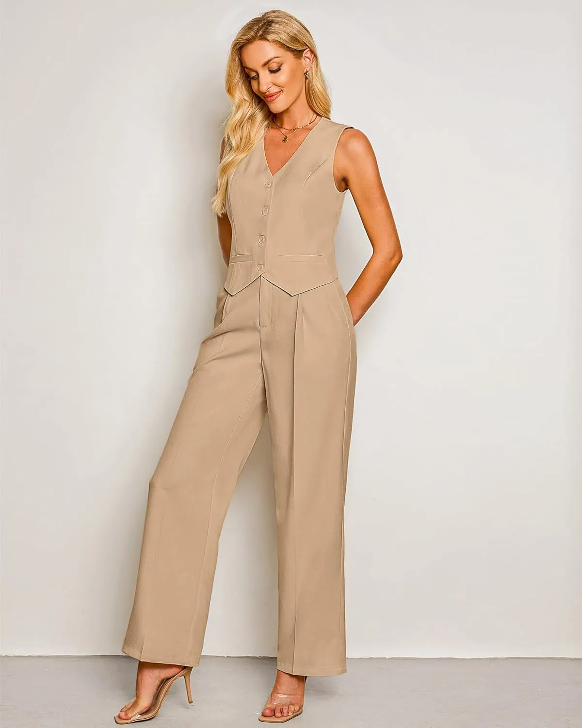 luvamia Pant Suits for Women Dressy Casual 2 Piece Sets Sleeveless Blazer Vest with High Rise Wide Leg Pants Work Office
