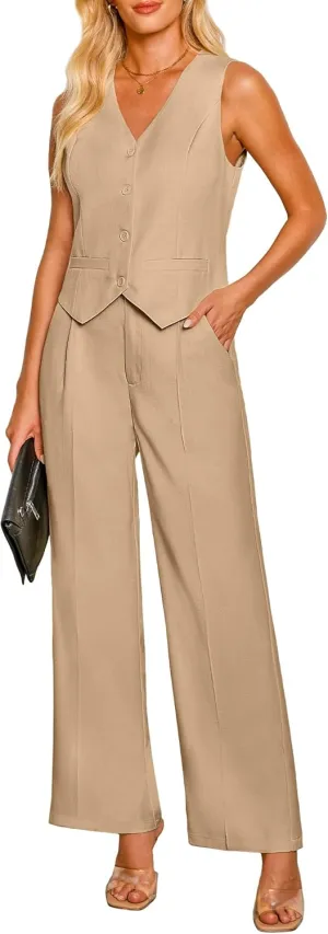 luvamia Pant Suits for Women Dressy Casual 2 Piece Sets Sleeveless Blazer Vest with High Rise Wide Leg Pants Work Office