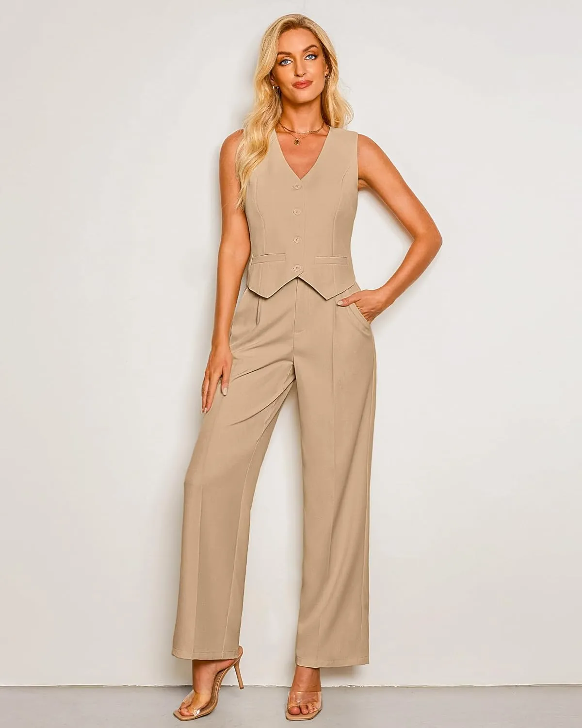 luvamia Pant Suits for Women Dressy Casual 2 Piece Sets Sleeveless Blazer Vest with High Rise Wide Leg Pants Work Office