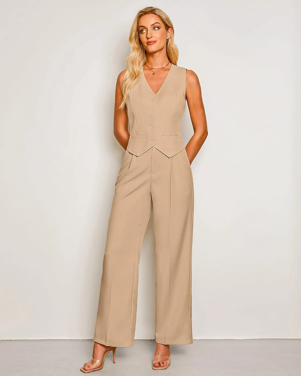 luvamia Pant Suits for Women Dressy Casual 2 Piece Sets Sleeveless Blazer Vest with High Rise Wide Leg Pants Work Office