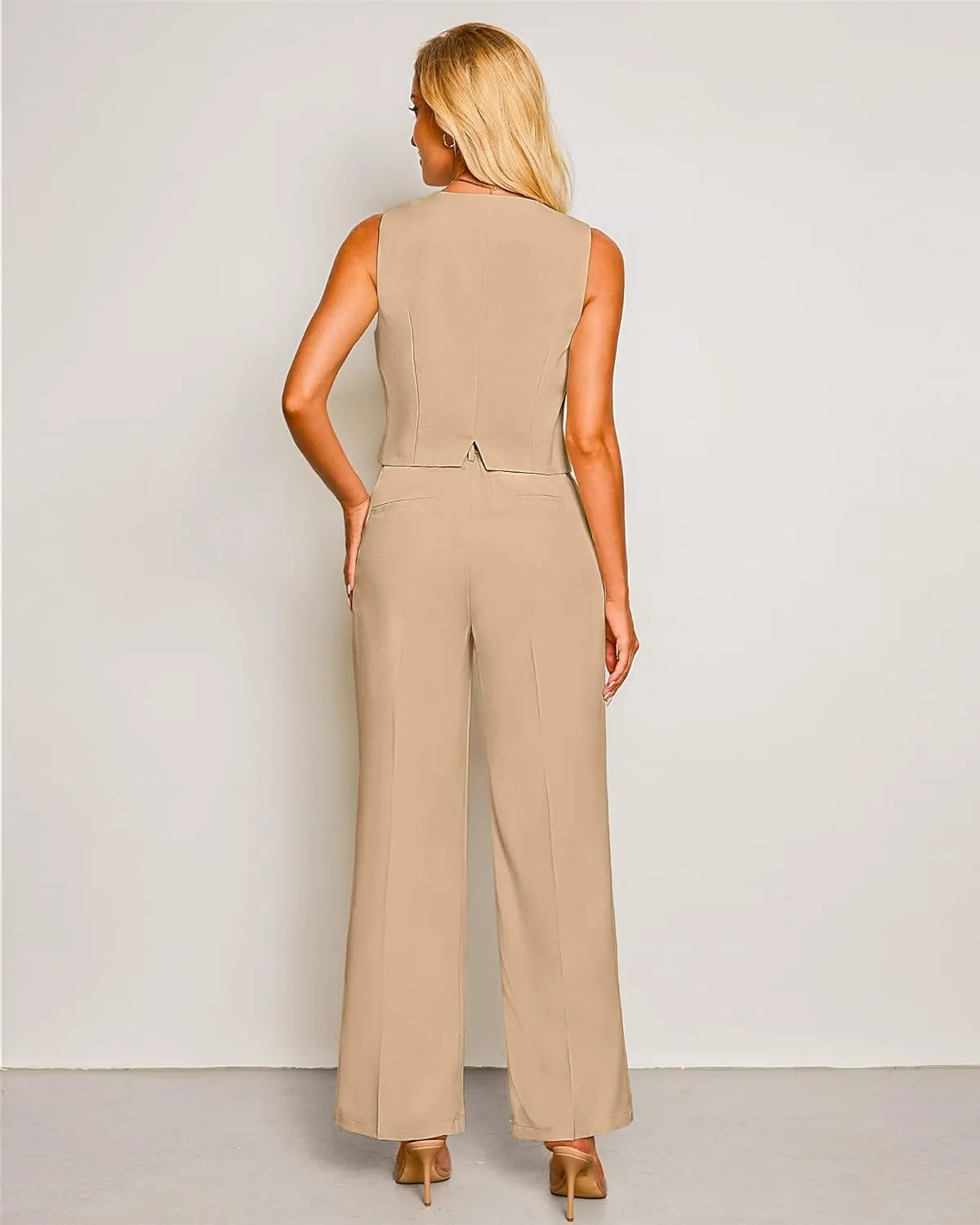 luvamia Pant Suits for Women Dressy Casual 2 Piece Sets Sleeveless Blazer Vest with High Rise Wide Leg Pants Work Office