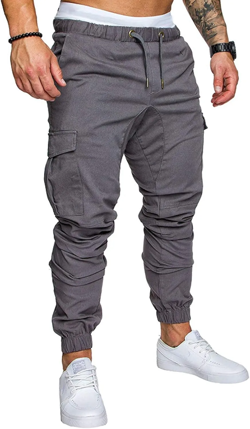 Men Cargo Chino Pants Drawstring Elastic Military Outdoor Slim Sweatpants Grey Size XL