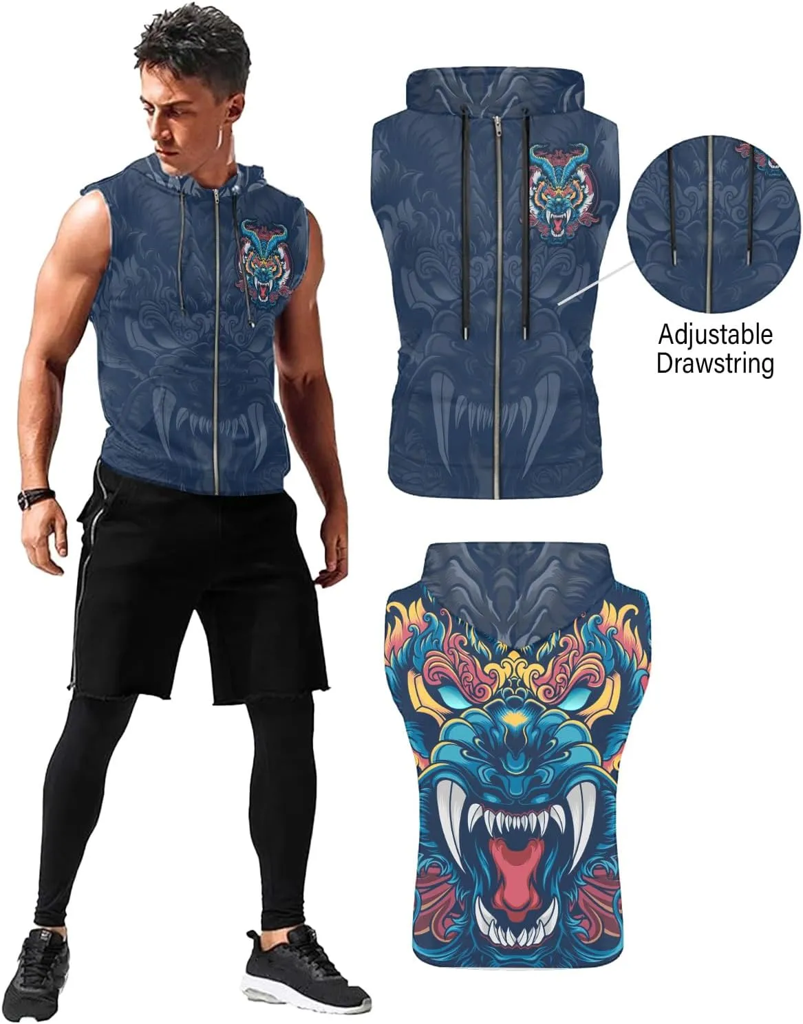 Mens Fashion Muscle Hooded Workout Hooded Tank Tops with Pocket Gym Training Zip Hoodies Sleeveless
