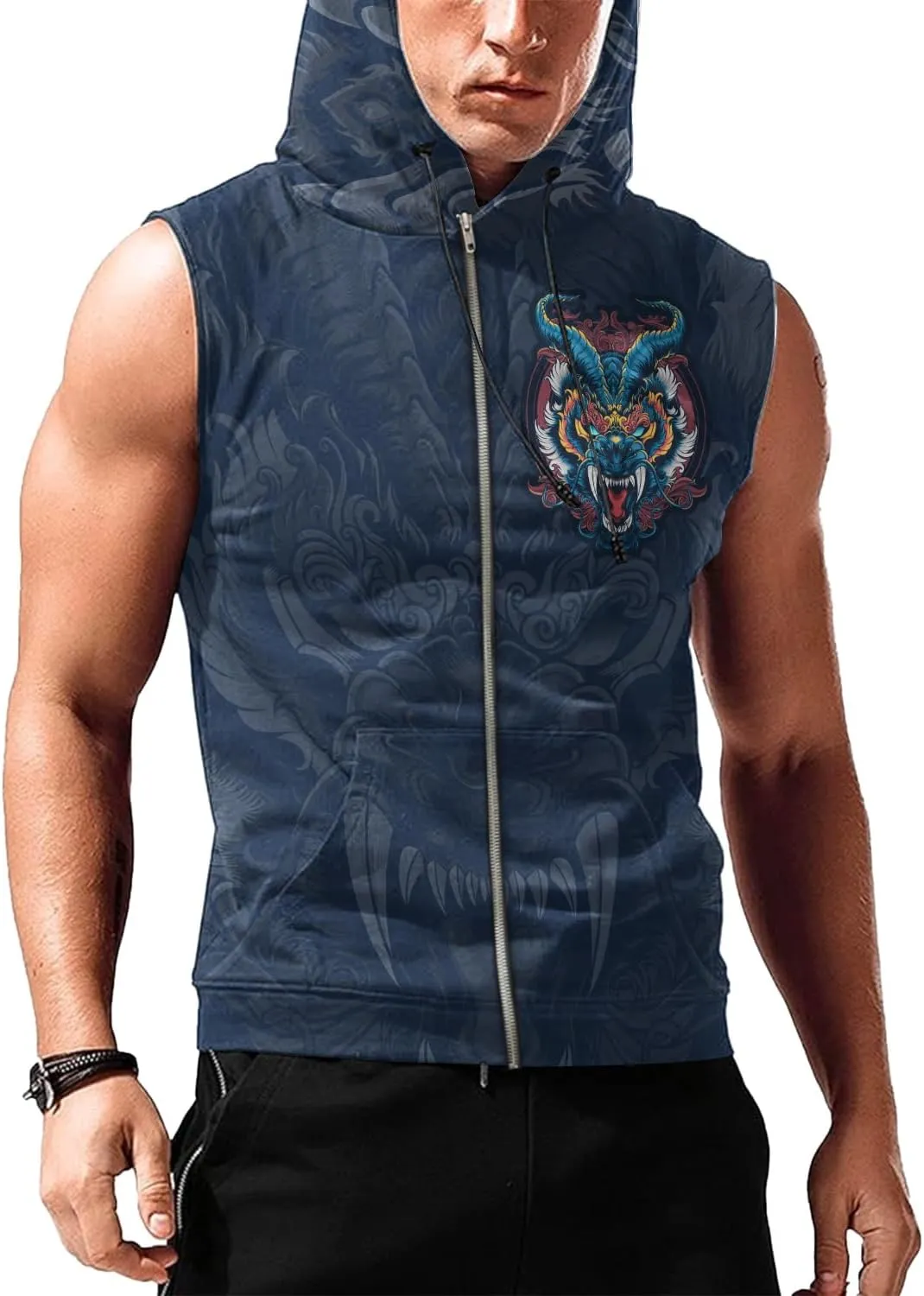 Mens Fashion Muscle Hooded Workout Hooded Tank Tops with Pocket Gym Training Zip Hoodies Sleeveless