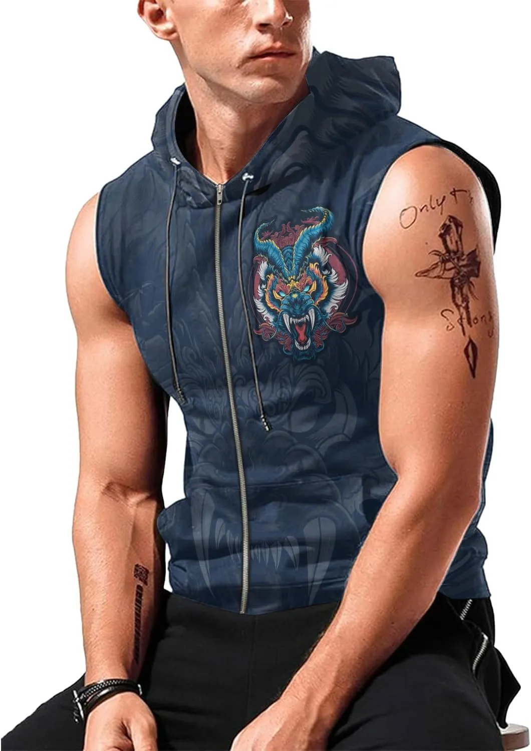 Mens Fashion Muscle Hooded Workout Hooded Tank Tops with Pocket Gym Training Zip Hoodies Sleeveless