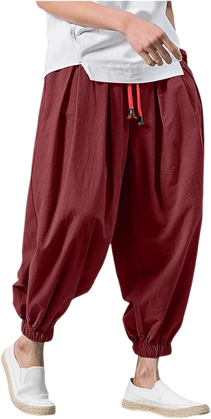 Mens Hippie Harem Pants Casual Elastic Drawstring Tapered Pants 2025 Solid Color Baggy Yoga Drop Crotch Trouser