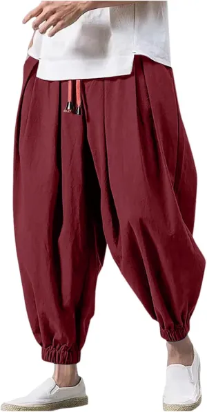 Mens Hippie Harem Pants Casual Elastic Drawstring Tapered Pants 2025 Solid Color Baggy Yoga Drop Crotch Trouser