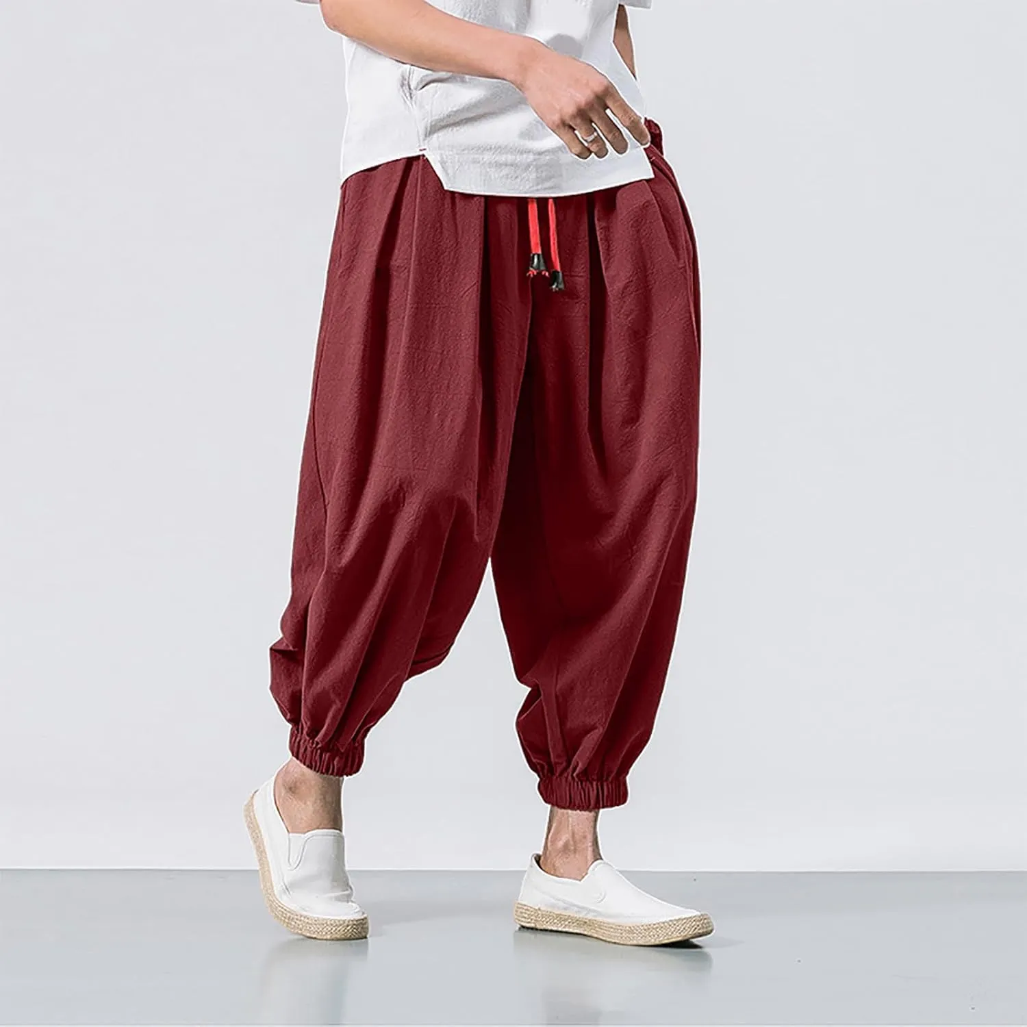 Mens Hippie Harem Pants Casual Elastic Drawstring Tapered Pants 2025 Solid Color Baggy Yoga Drop Crotch Trouser