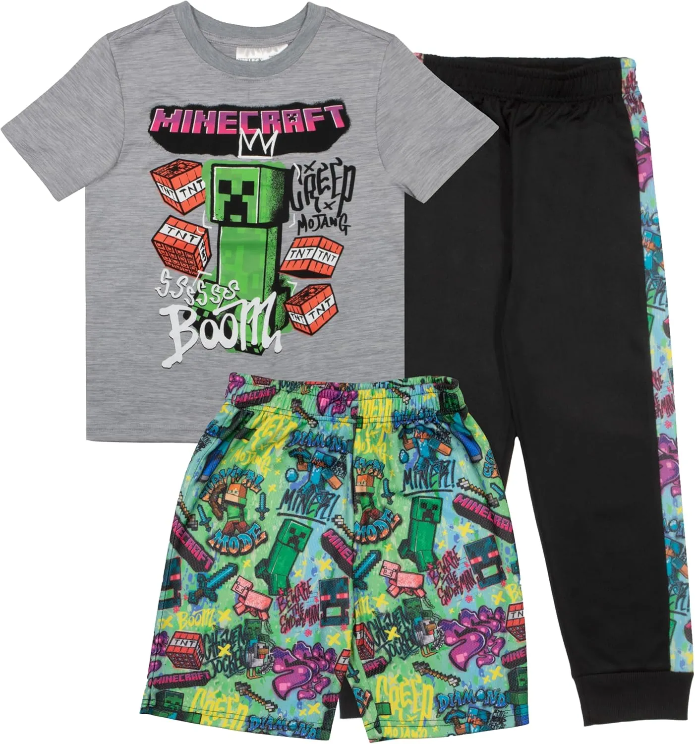 Minecraft Boys 3-Piece Creeper Pants Set - Short Sleeve T-Shirt, Shorts, & Jogger Pants 3-Pack Bundle Set for Boys
