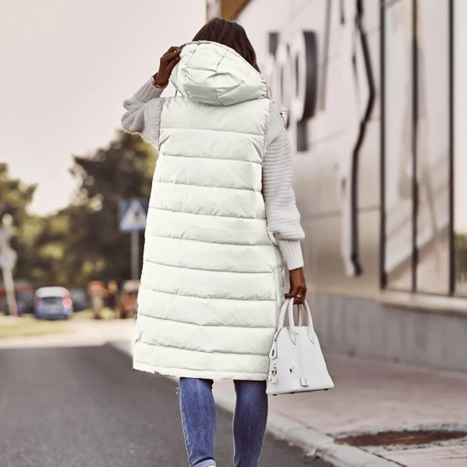 Mmoneyake Long Puffer Vest Women Oversized Long Down Vest Zip Up Sleeveless Hoodies Thickened Winter Warm Jacket with Pocket