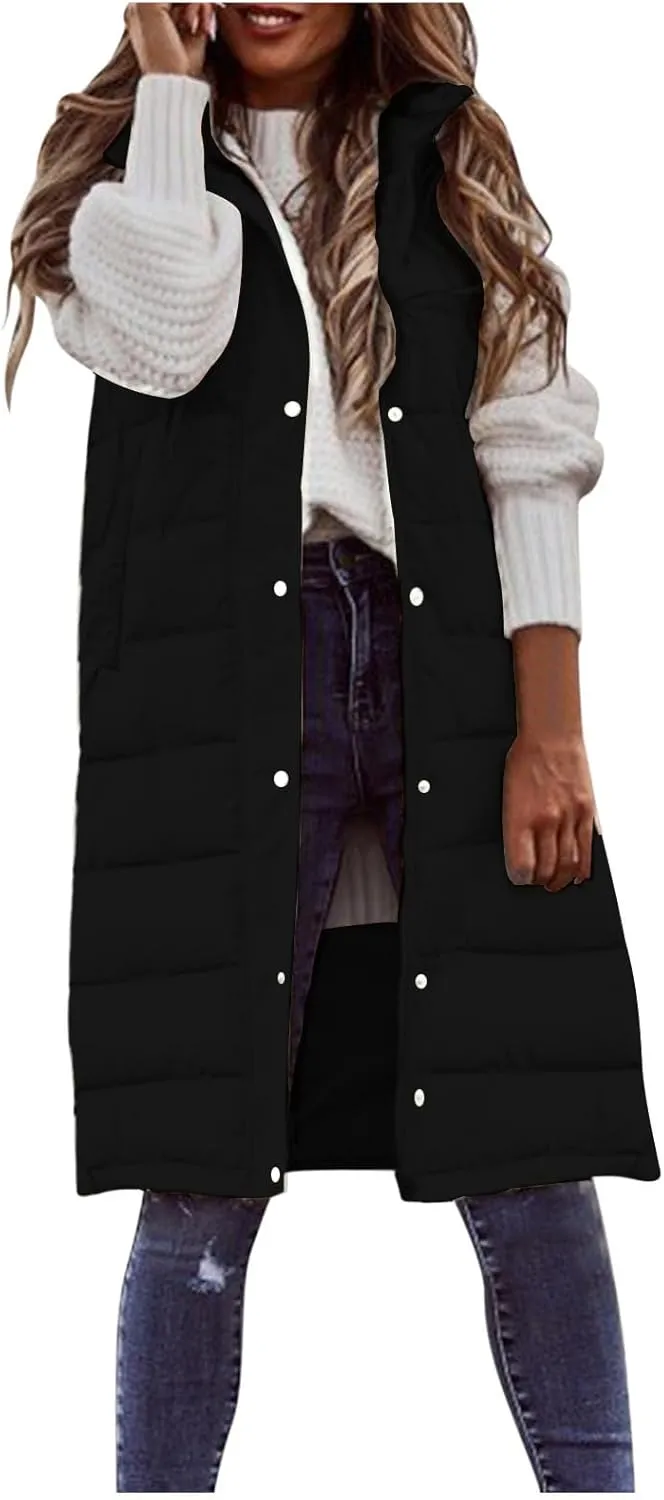 Mmoneyake Long Puffer Vest Women Oversized Long Down Vest Zip Up Sleeveless Hoodies Thickened Winter Warm Jacket with Pocket