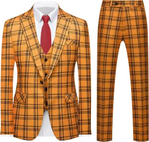MOGU Mens 3-Piece Slim Fit Plaid Suit - Blazer, Vest, and Pants Set for Wedding Prom Casual