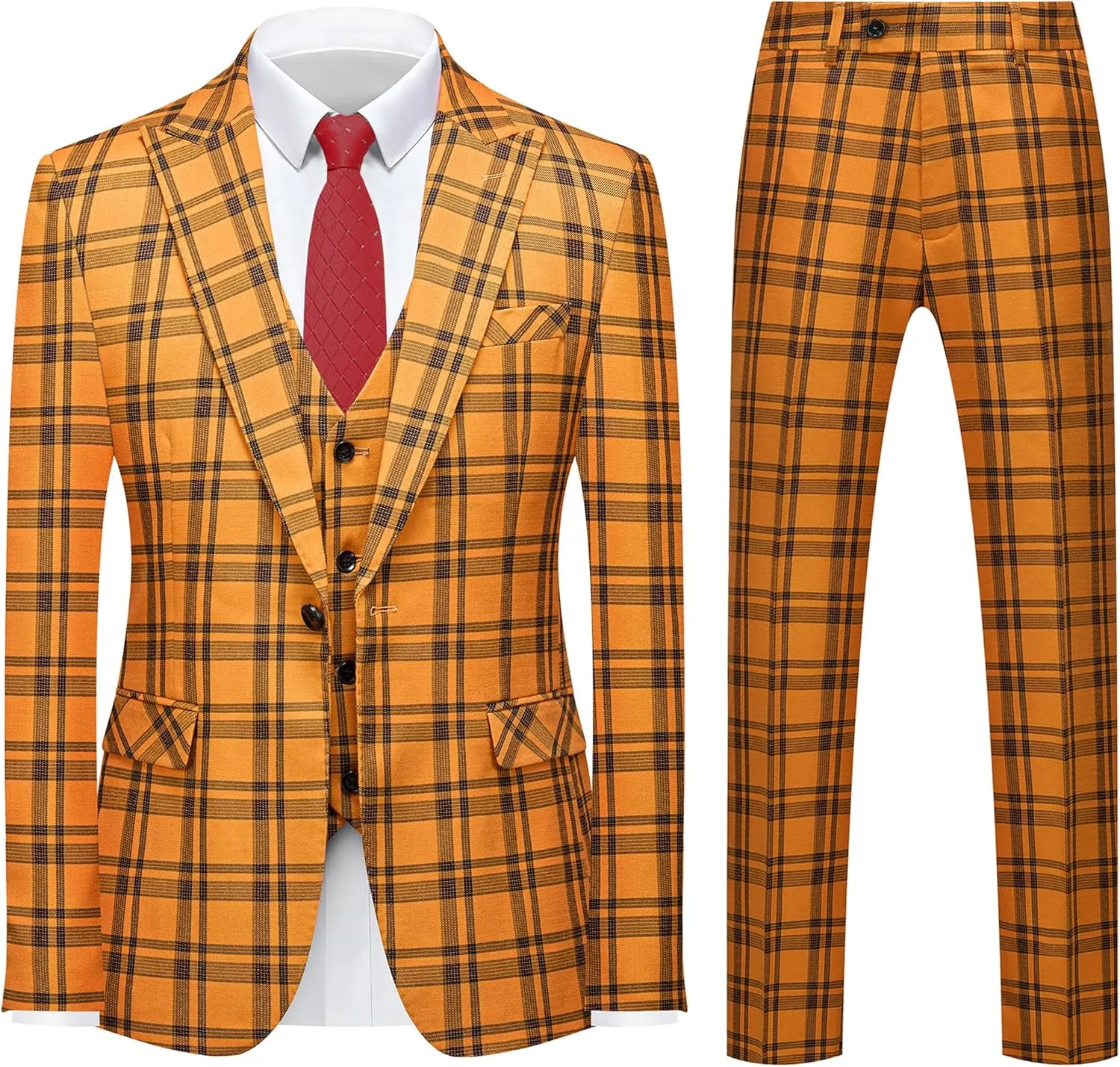MOGU Mens 3-Piece Slim Fit Plaid Suit - Blazer, Vest, and Pants Set for Wedding Prom Casual
